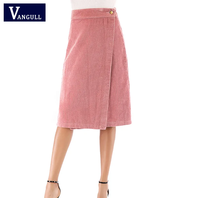 

Vangull 2019 Spring Autumn Woman solid corduroy Skirt office lady style knee-length sashes skirt Elegant empire High Waist skirt