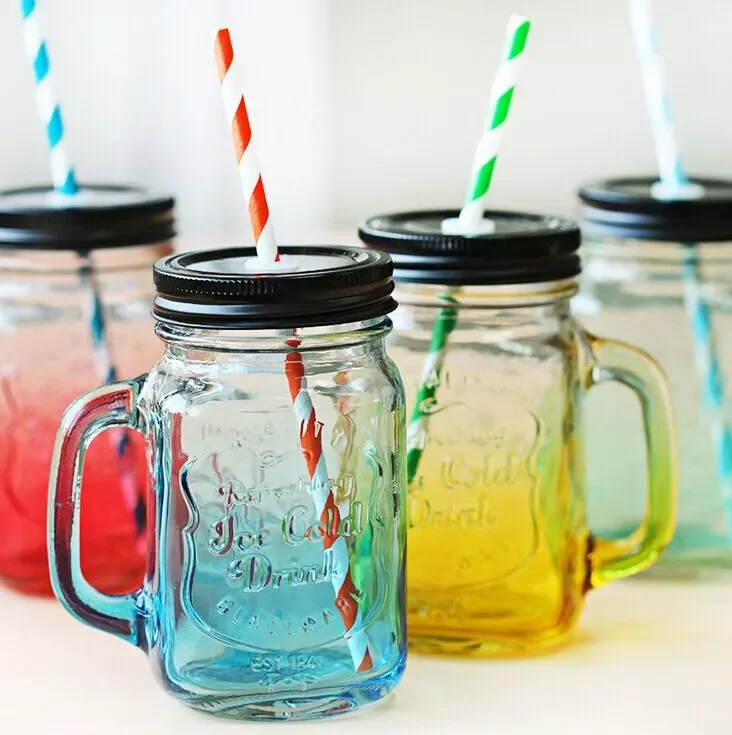 

450ML Mason Jar glass cup beverage mug with lid straw summer Ice Cream Fruit Cold Drinking Jars juice cup gifts icecream cans