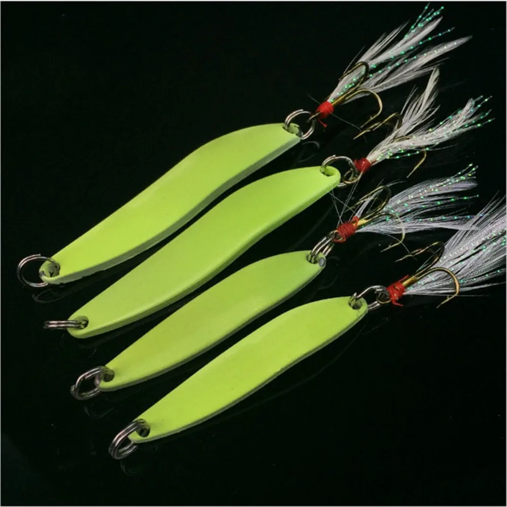 FISHINAPOT 1pcs 5g/7g/10g/13g Metal Luminous Spoon Spinner Fishing Lure Hard Bait with Feather Hook Pesca Wobbler Lure