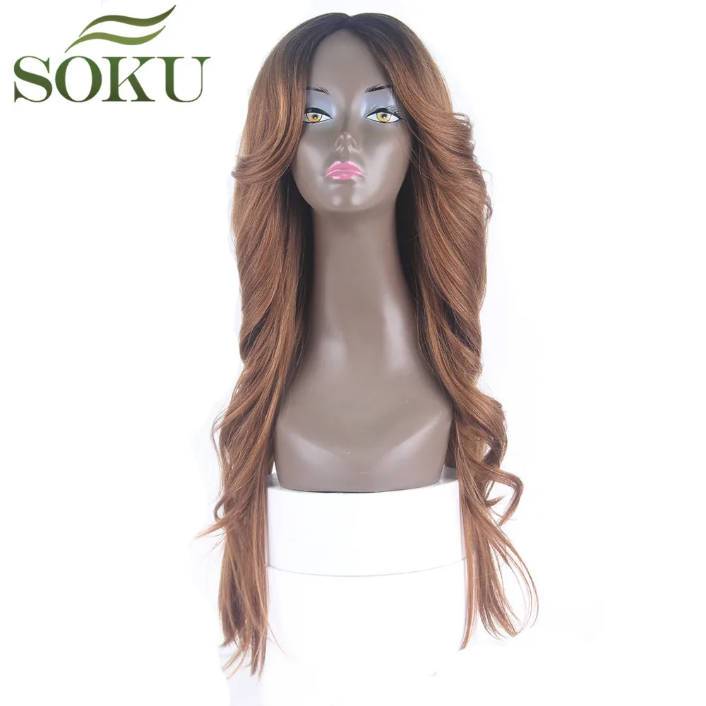 

Ombre Brown Synthetic Lace Wigs With Wavy Bang Long Straight Side Part Deep Invisible Heat Resistant Women Full Wigs SOKU 26"