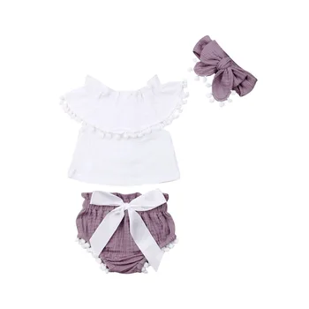 

0-24M Cute Newborn Baby Girl Sleeveless Tassel Ball White T-shirt Tops Bow Shorts Bloomers Headband 3PCS Summer Clothes Set