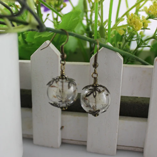 

2pair 16MM Glass Bubble Dandelion earrings Glass dome dangle earrings filled with real dried dandelion seeds