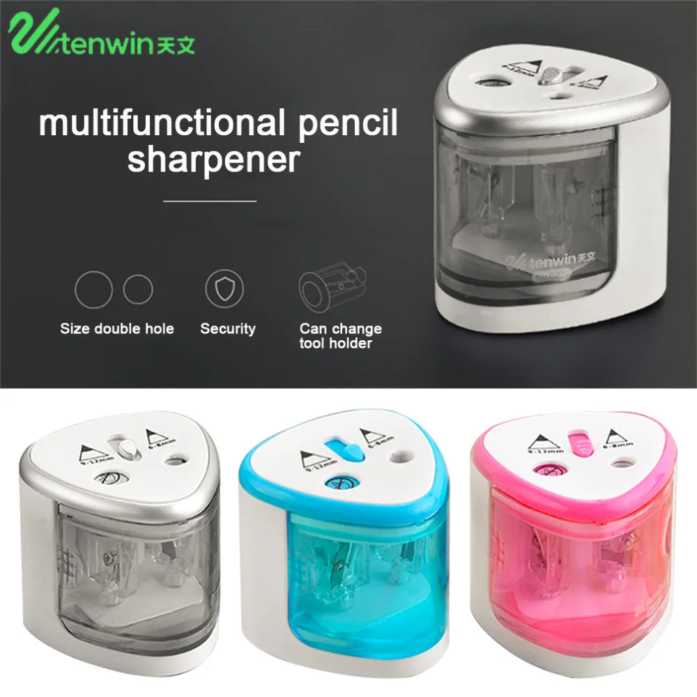 TENWIN 3 Color 2 Double Holes Sacapuntas Automatic Electric Pencil Sharpener Home School Office Desktop Students Supplies
