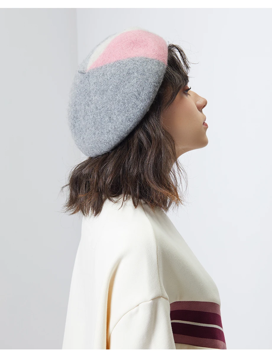 Winter Beret Female 2018 New 100% Cashmere Hats For Women Flat Cap Wool Knit Hats Lady Three-color Patchwork Berets Painter Hat  (10)