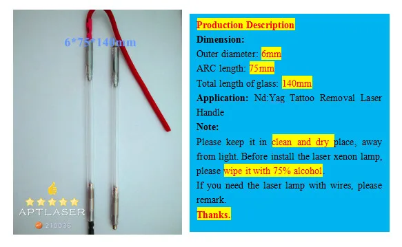 

ND YAG laser xenon lamp 6*75*140 installed in q-switched ND YAG handle/handpiece