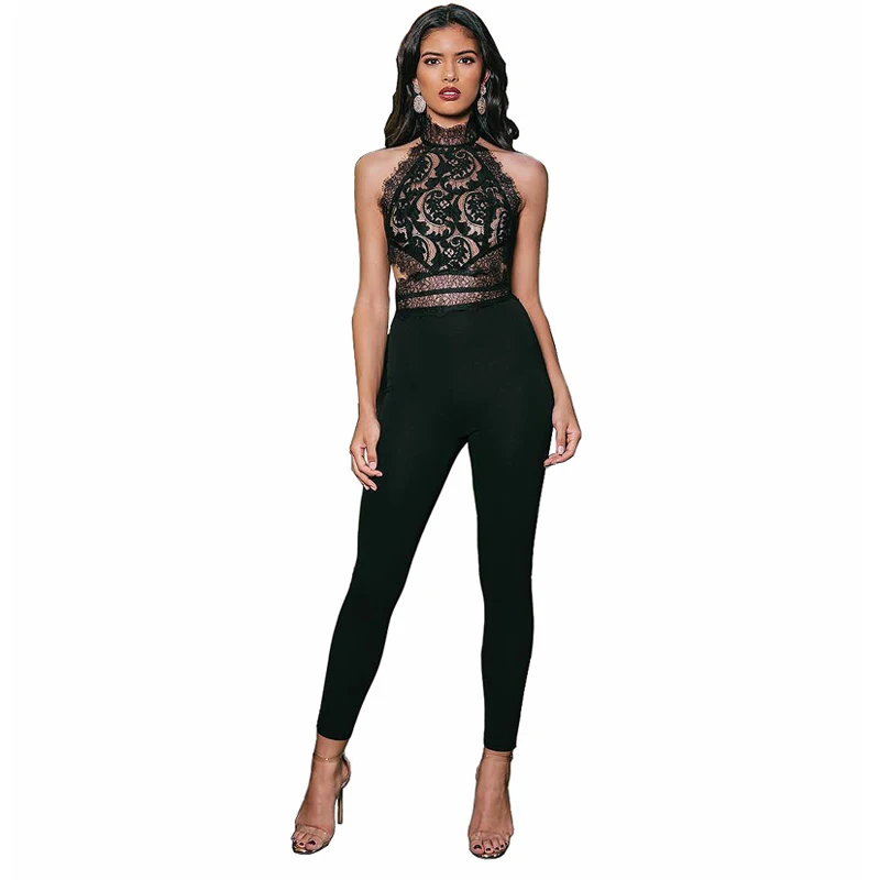 

Summer 2019 New Nightclub Sexy Women Perspective Lace Nude Back Jumpsuit Tight Jumpsuit Chiffon High-Waist Embroidery Rompers