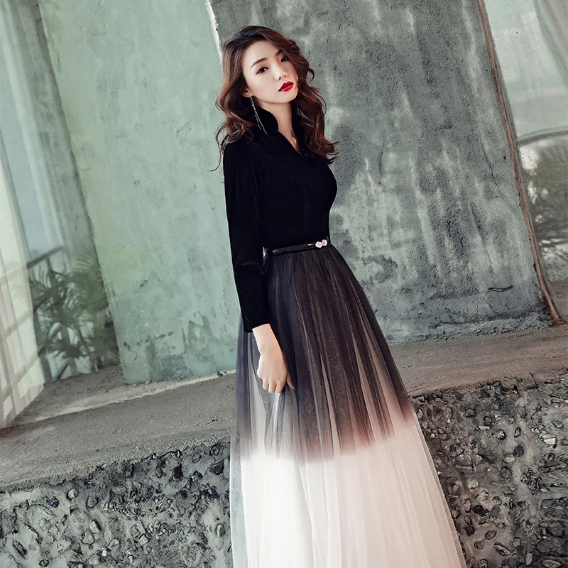 Cena To YiiYa suknia wieczorowa czarny gradient długa suknia wieczorowa trzy czwarte rękaw dekolt moda suknia wieczorowa E012