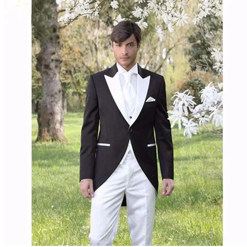 20-1 new Italian Morning Style Gentleman men Suit Black And White Groom Tuxedos 3 Piece Mens Wedding Prom Suits (Jacket+Pants+Vest)
