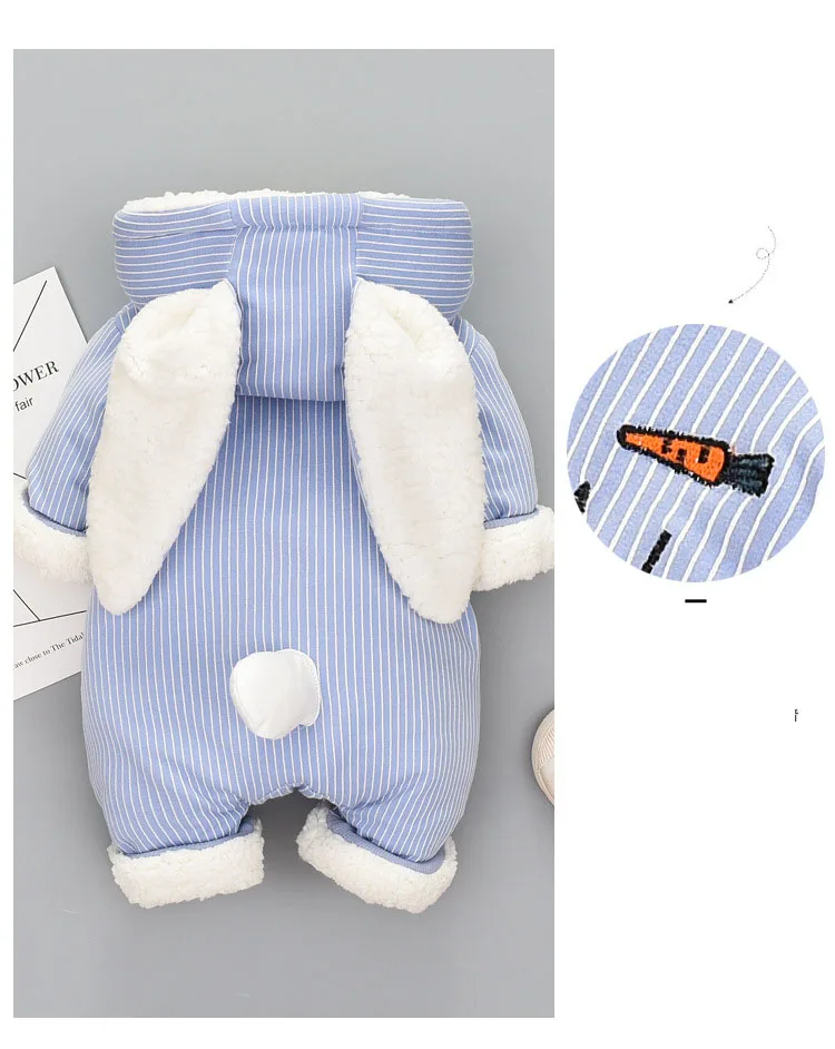 Зимний свитер для маленьких девочек; с милым принтом кролика на флисе бархатные комбинезоны для младенцев Снежная одежда для маленьких мальчиков с капюшоном и комбинезон для новорожденного теплая одежда P156