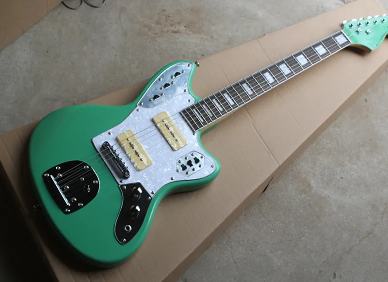 

Factory Wholesale Green Body Electric Guitar with P90 Pickup,White Pearl Pickguard,Chrome Hardwares,Offer Customized