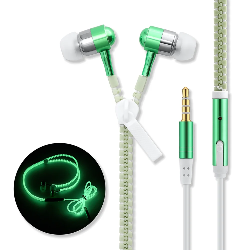 

High Quality Full Glowing Earphone Luminous Light Metal Zipper Ear Phones Glow In The Dark For Iphone Samsung MP3 With Mic