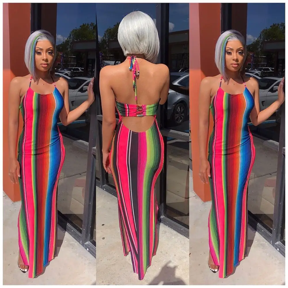 

SKMY 2019 New Fashion Boho Long Dress Striped Beach Summer Dresses Colorful Rainbow Vintage Chiffon Maxi party women Dress