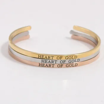 

Inspirational Jewelry Stainless Steel Engraved HEART OF GOLD Quote Hand imprint Cuff Mantra Bracelet Bangle For Women