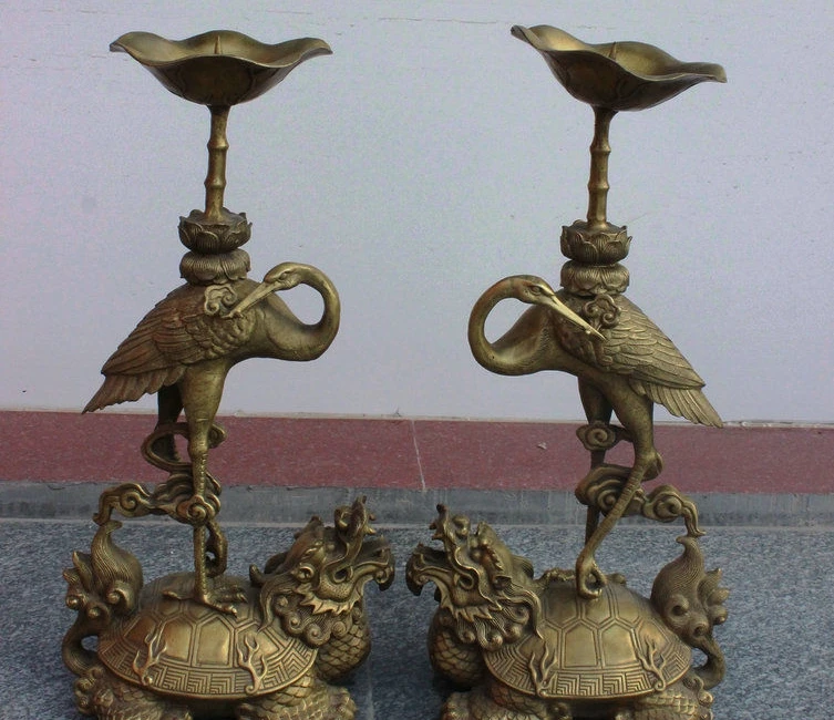 

18" China Exquisite Brass Crane On Dragon Turtle Statue Candlestick Holder Pair
