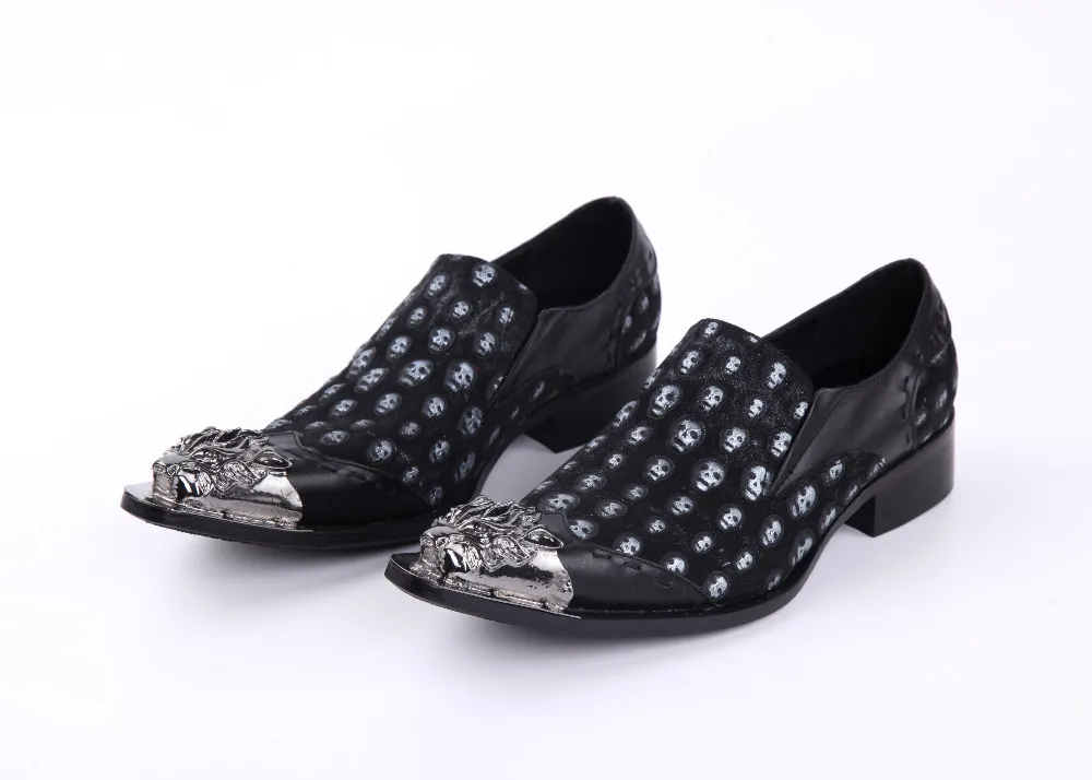 

Eunice Choo Sliver Dragon Metal Pointed Toe Skull Prints Suede Leather Men Loafers Casual Slip On Shoes Men Flats Plus Size