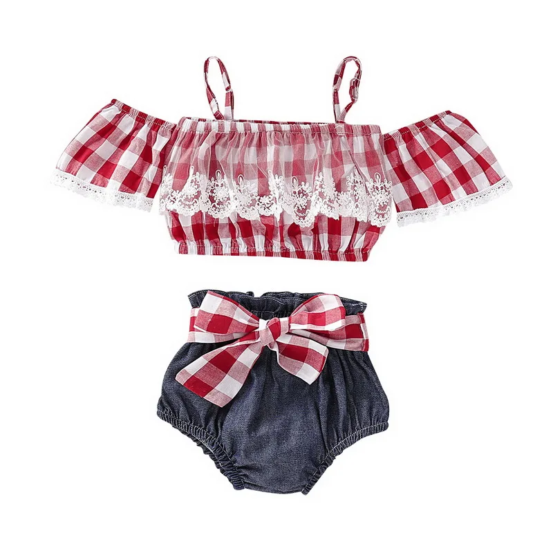 

Newborn Girl Clothes Cotton Sleeveless Lace Sling Top Plaid Denim Shorts Baby Girl Outfits For Toddler Infant Kids Clothing D30