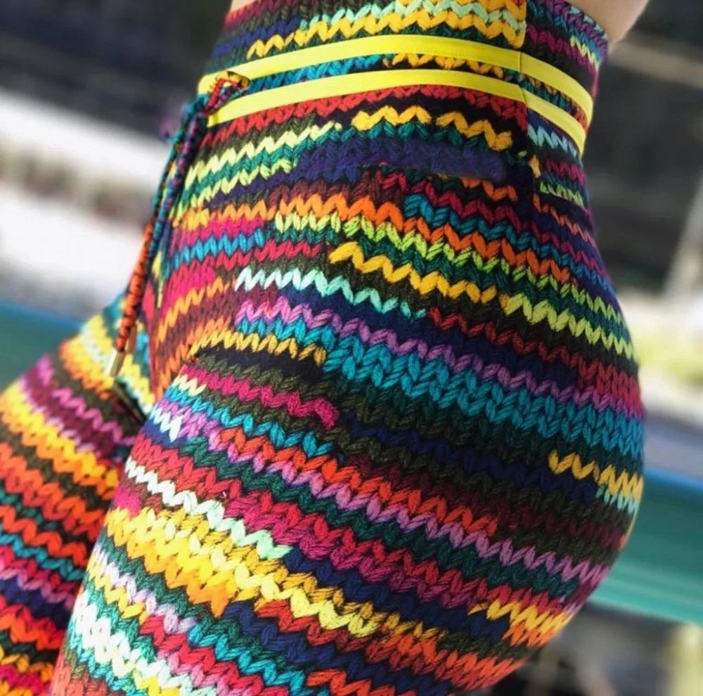 

2018 New Original Knit Printing Leggings With 2 Yellow String On Waist And Colorful String Front Drop Shipping Leggin