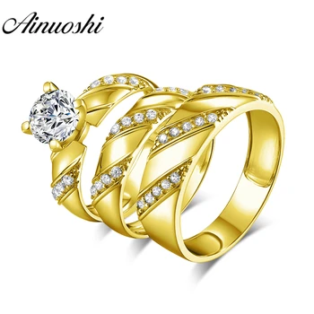 

AINUOSHI Real Gold TRIO Rings 10k Yellow Gold Couple Wedding Sets 5mm Width Wedding Band Lovers Wedding Engagement Rings Jewelry