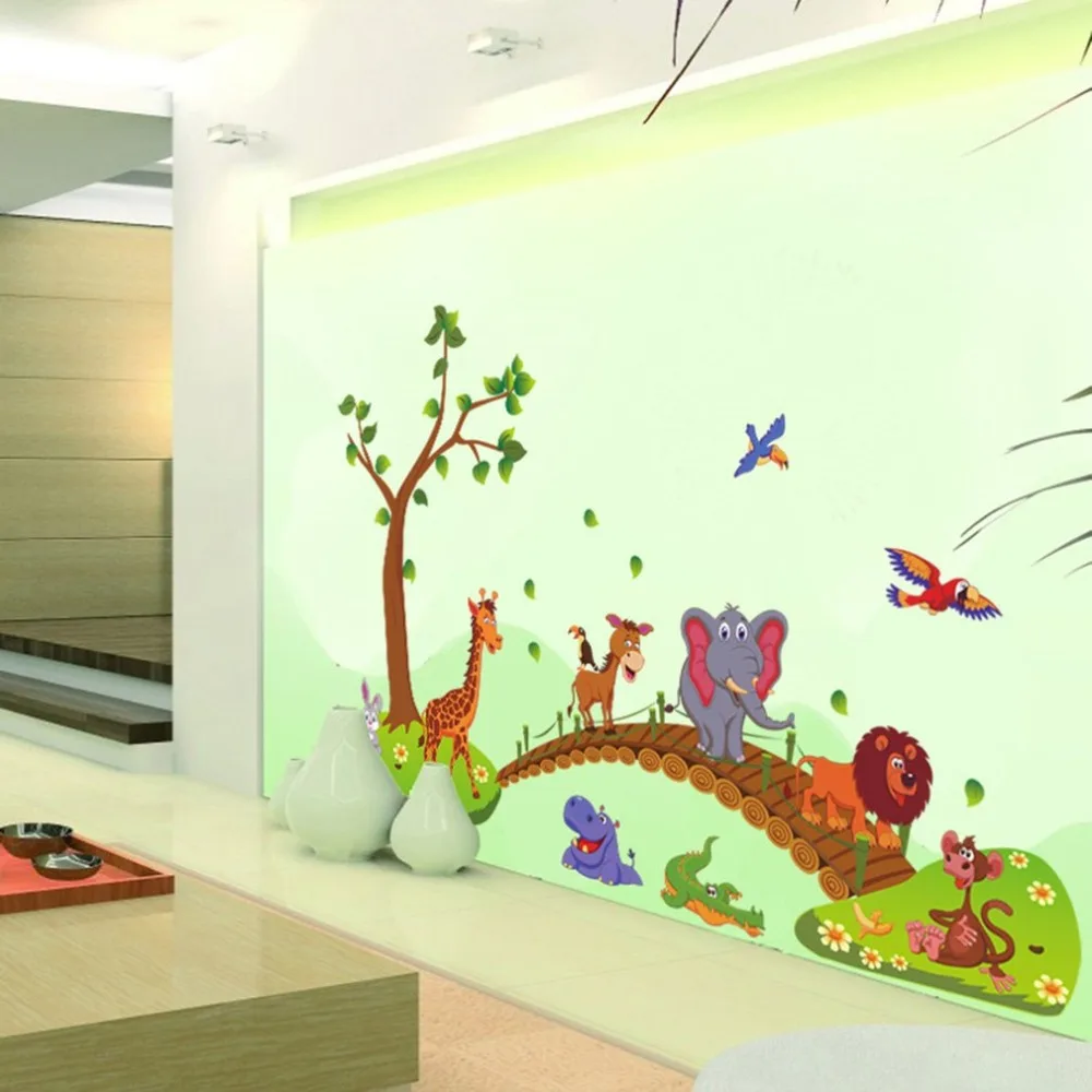 Us 3 38 28 Off Kawaii Big Jungle Animals Bridge Pvc Wall Stickers Kids Bedroom Wallpaper Decals Children Bedroom Nursery Decoration In Wall Stickers