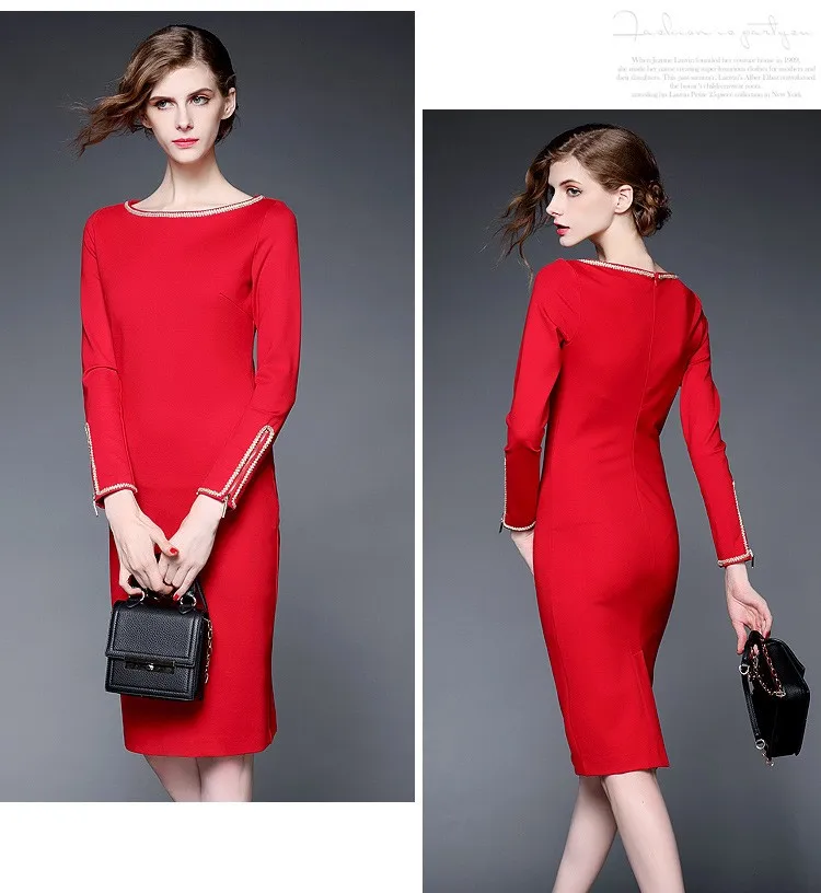 Новые высококачественные, весенне-осеннее платье, женская одежда с длинным рукавом, модное Повседневное платье, XL, зимнее элегантное красное платье-карандаш