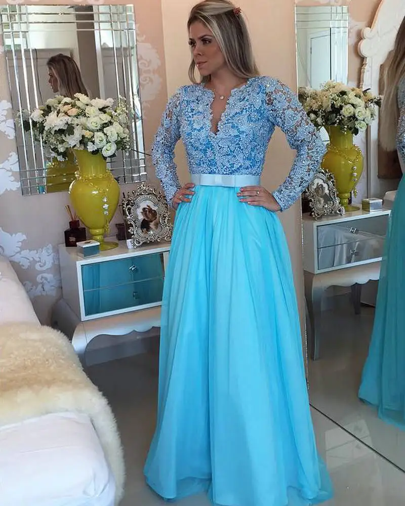 Turquoise Party Dress Full Sleeves 2016 Long Custom Eveing Dress Lace