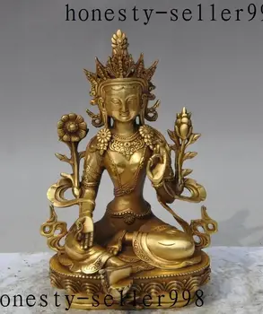 

11"Tibet Buddhism Fane joss brass Green tara Kwan-Yin Guan Yin Buddha statue
