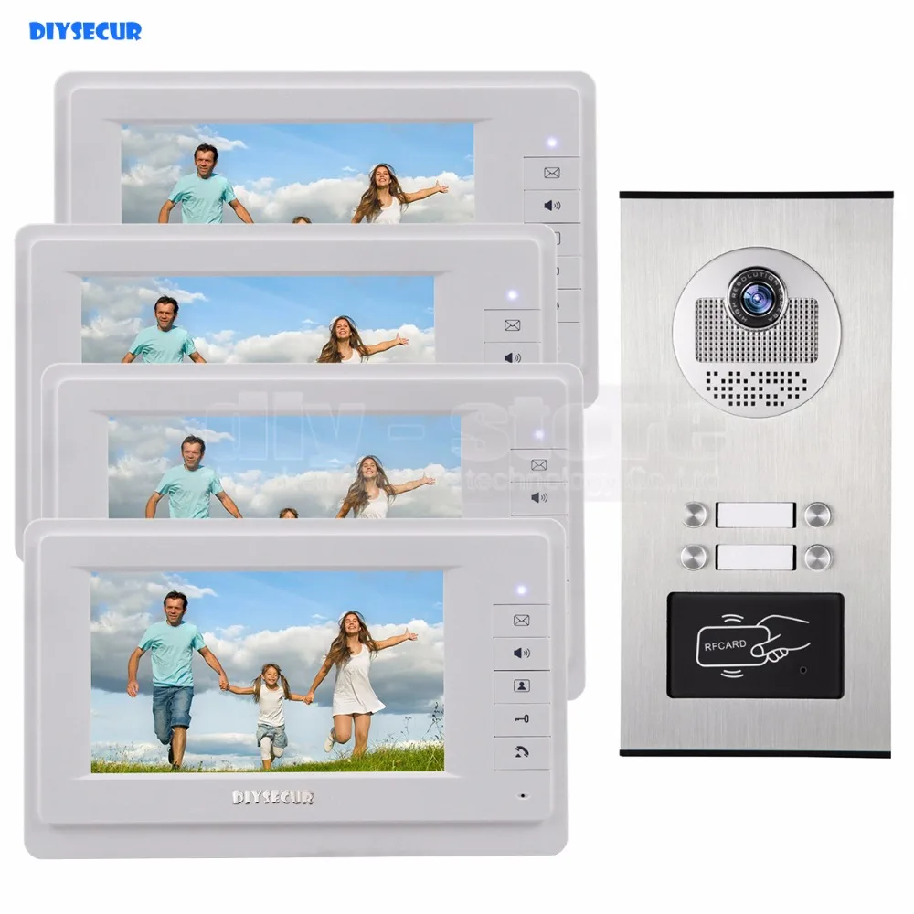 DIYSECUR 7\ Apartment Video Intercom Doorbell Video Door Phone System 700 TVLine IR Camera Build-in RFID Reader For 4 Families DIYSECUR 7\ Apartment Video Intercom Doorbell Video Door Phone System 700 TVLine IR Camera Build-in RFID Reader For 4 Families