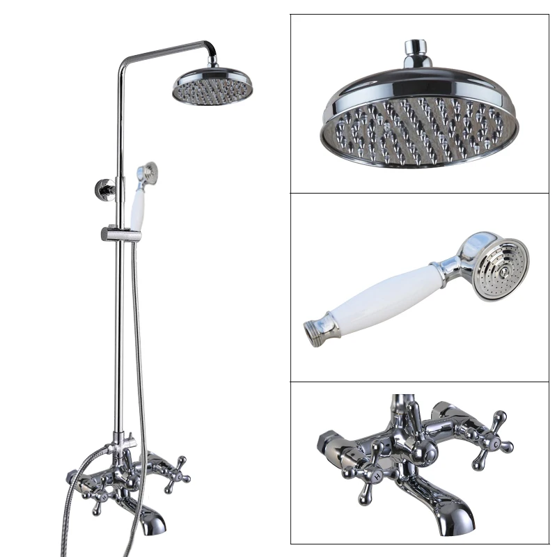 

New Chrome Wall Mounted 8" Rain Shower Faucet Set Double Corss Handles Tub Mixer Tap + Hand-Held Shower Head acy321