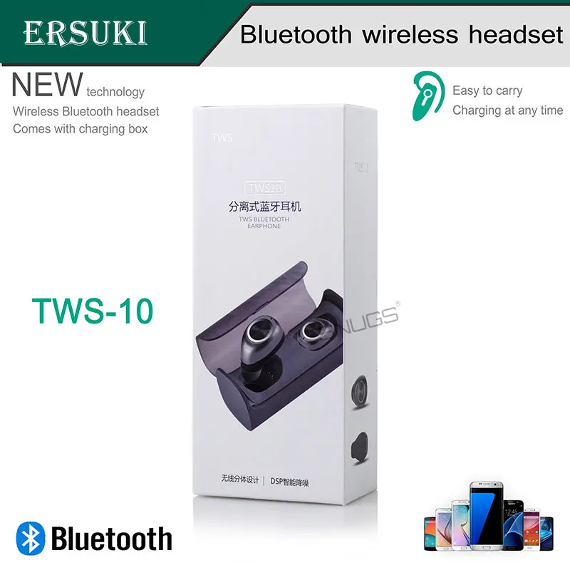 Ersuki двойные Bluetooth наушники TWS10 настоящие беспроводные мини наушники в ухо стерео гарнитура наушники с зарядным гнездом для телефонов