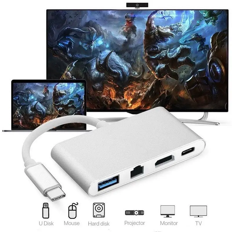 

New 4-in-1 USB-C Hub Adapter-USB C 3.1 Type c to HDMI Video Port RJ45(Gigabit Ethernet) USB 3.0 port Type c Power Delivery Port