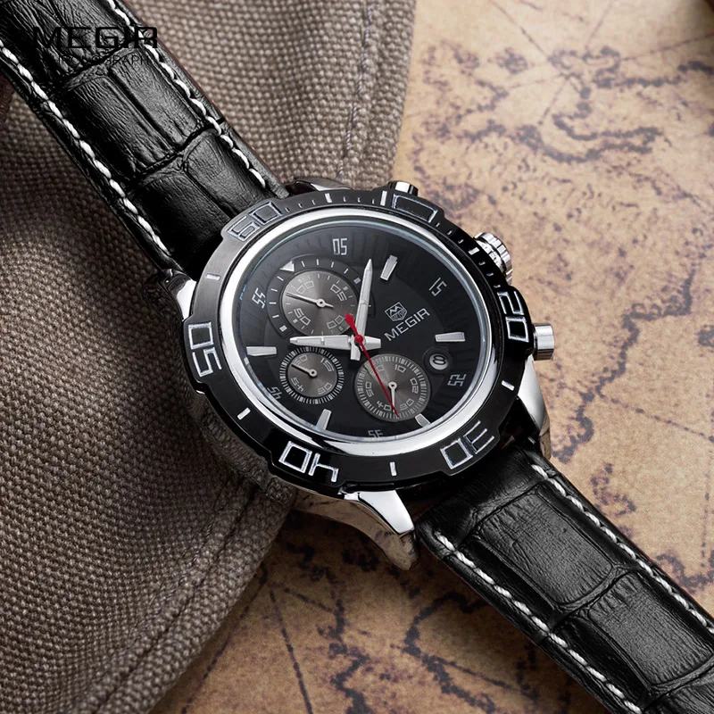 

Megir Mens Chronograph Luminous Quartz Watches Fashon Mans Analog Round Dial Leather Strap Waterproof Wristwatch for Male 2019