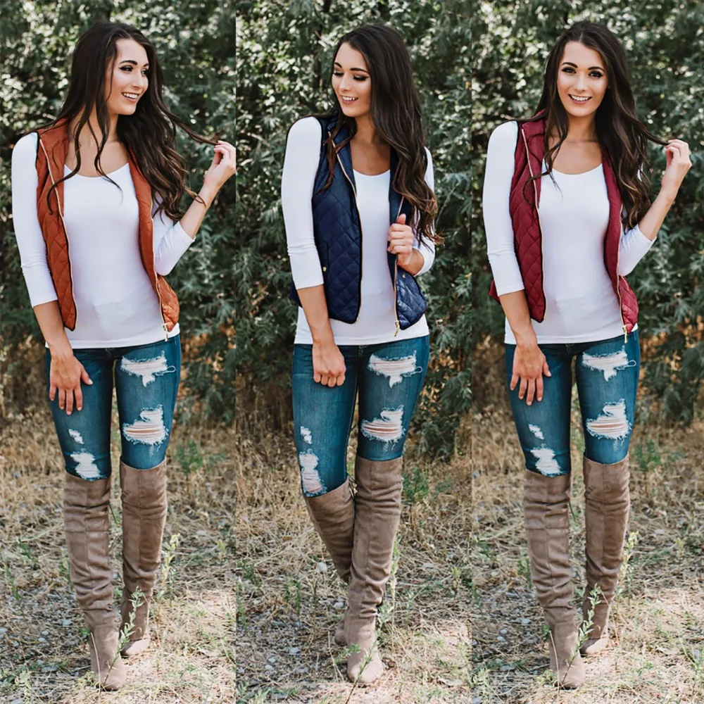 

2018 New Women Zipper Casual Vest Lightweight Quilted Turn-down Collar Pocket Vest Jacket Autumn Winter Sleeveless Solid Coat