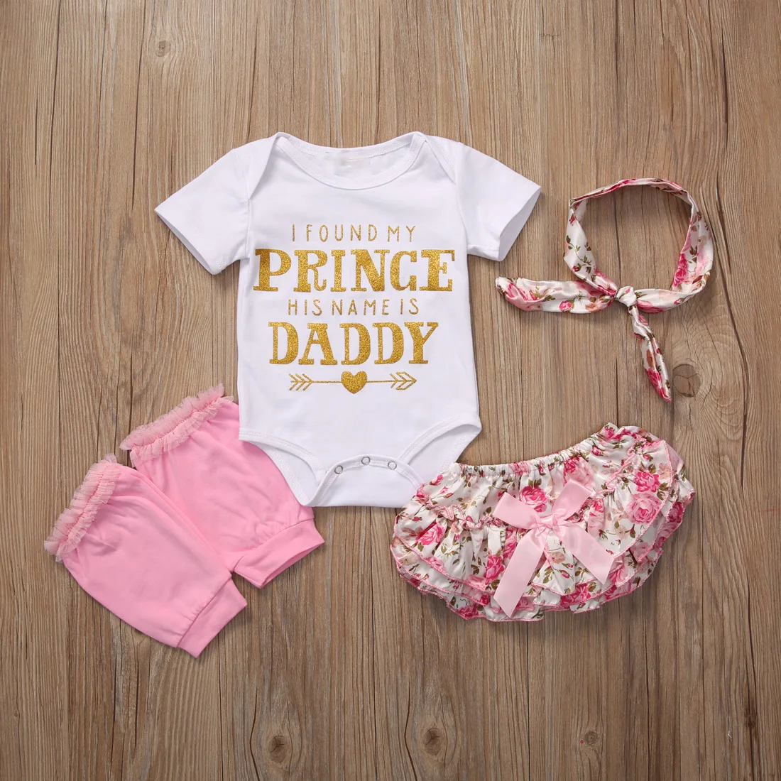 Cute Toddler Infant Baby Girl Clothing Set Letter Bodysuit Tops Floral Ruffle Shorts Leg Warmer Handband Prince Daddy Outfits