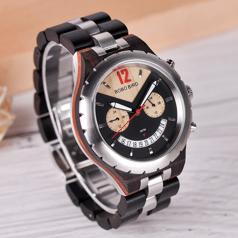 BOBO BIRD Men Watch Luxury Design Multiple Time Zone Clock Wooden Metal Chronograph Watches With Date Display Elegant Timepieces