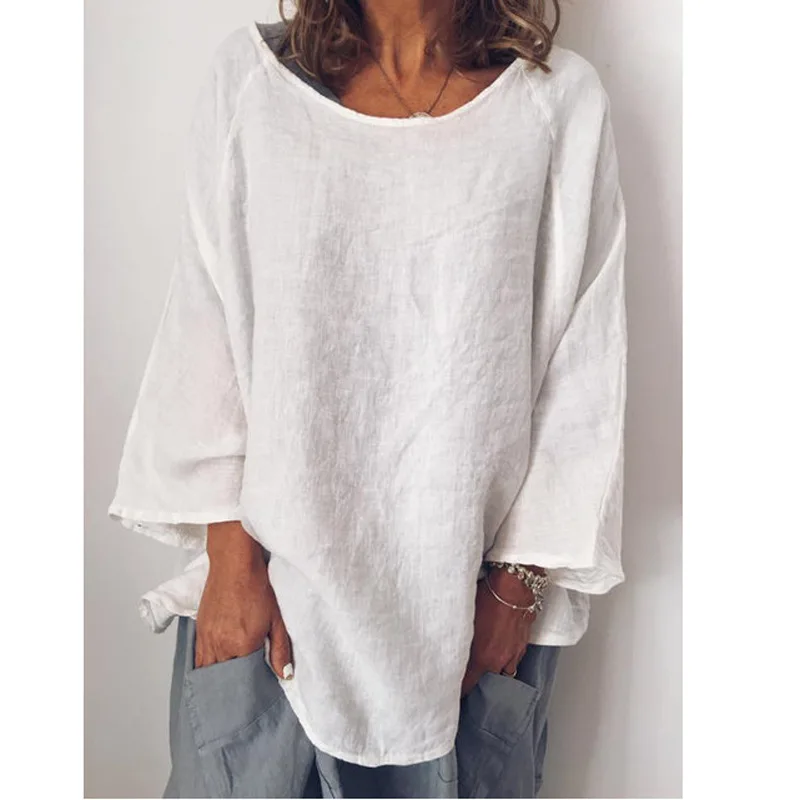 

Women Loose Type of Shirts Long Sleeve O-Neck Linen T-shirts Solid Gray Yellow White Orange Blue Color Simple Women T-shirts