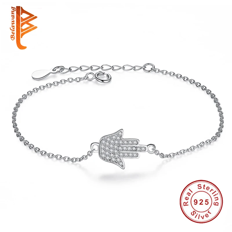 

Authentic 925 Sterling Silver Bracelet With Hamsa Hand Charm Crystal Luxury Adjustable Chain Bracelets For Women Fashion Jewelry