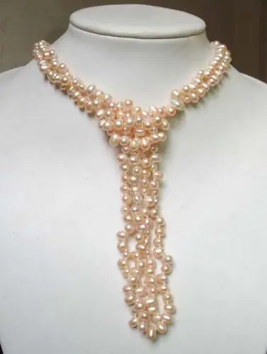 

FREE SHIPPING>@@> N1520 rope necklace pink freshwater pearl 7mm rice oval beads 80