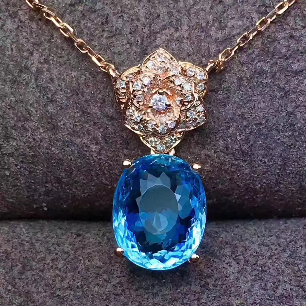 Natural Blue Topaz Pendant Natural Gemstone Elegant Camellia Flowers Pendant Necklace 925