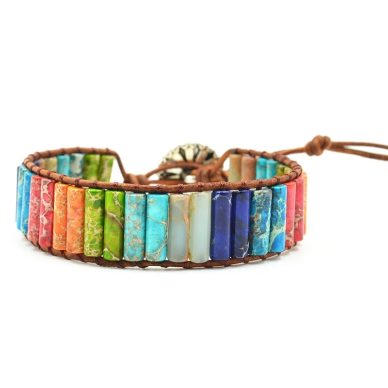 

New Bohemian 7 Chakra Natural Healing Stone Wrap Leather Bracelet for Women Braid Leather Rope Friendship Best Friend Gift