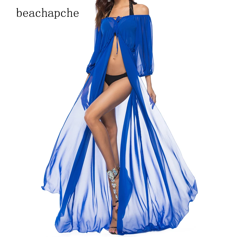 2018 шифоновое Прозрачное платье сексуальное с вырезом лодочкой Boho Maxi Dressses лето 3/4