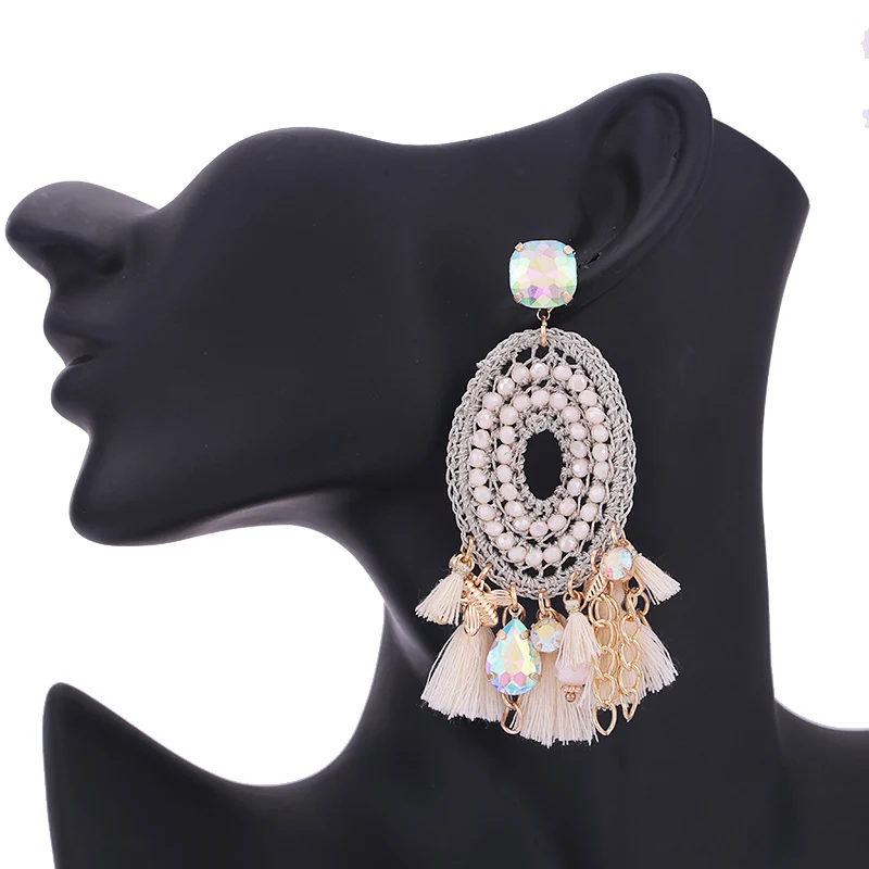 Sehuoran long tassel earrings for woman boho  crystal beads facted handmade pendients for woman wedding earrings (9)