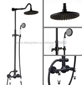 

Bathroom 8" Rainfall Shower Faucet Set Black Bronze Dual Handle Bath Shower Mixer Taps Wall Mounted Krs816
