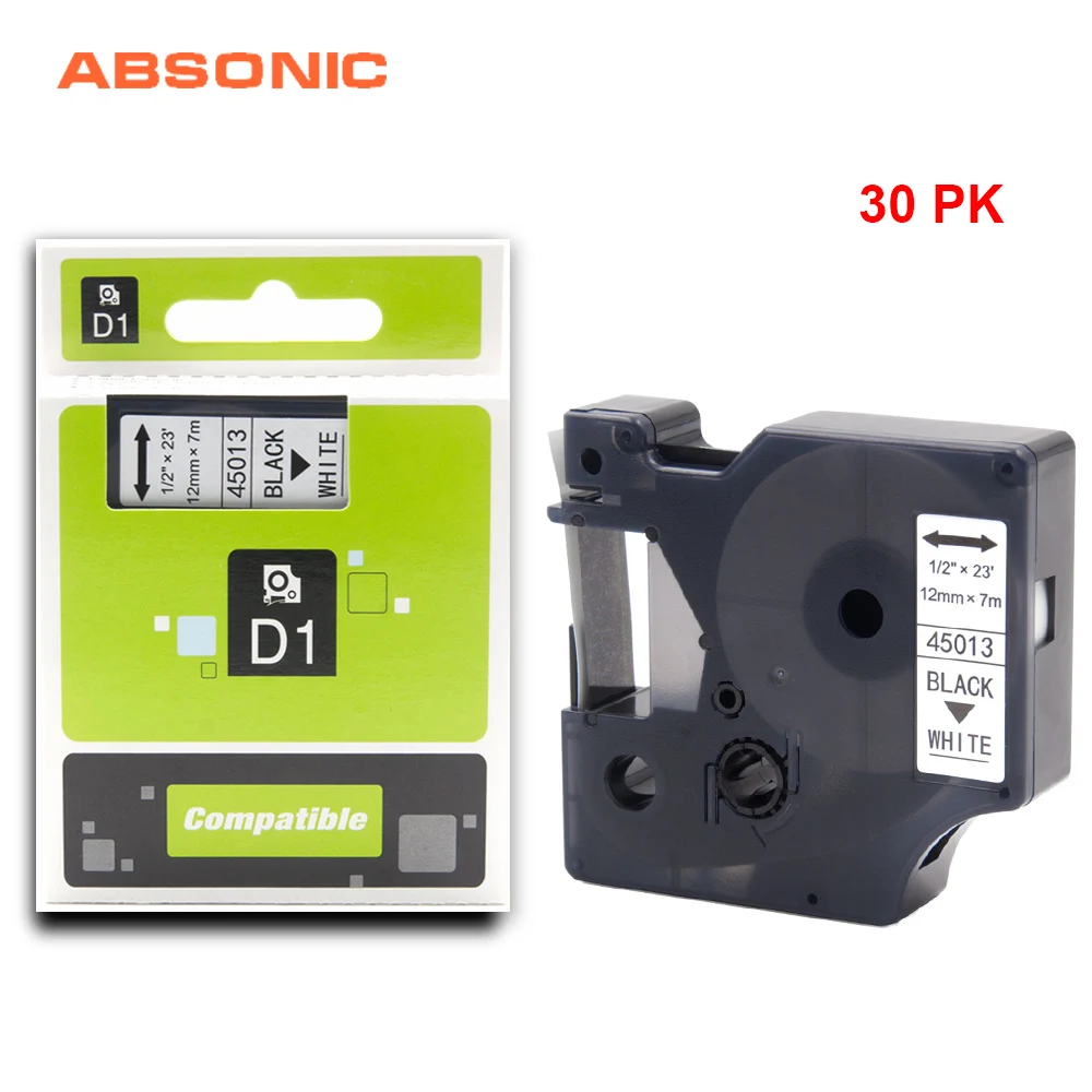 

Absonic 30PCS 12mm Lables Tape Cassette DYMO D1 45013 Black on White Printer Ribbon For Printer Dymo LabelManager 160 210D 280