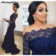 Длинные рукава Русалка Формальные Вечерние платья с открытыми плечами с аппликацией кружева бисером Длинные темно-синие вечерние платья для выпускного вечера