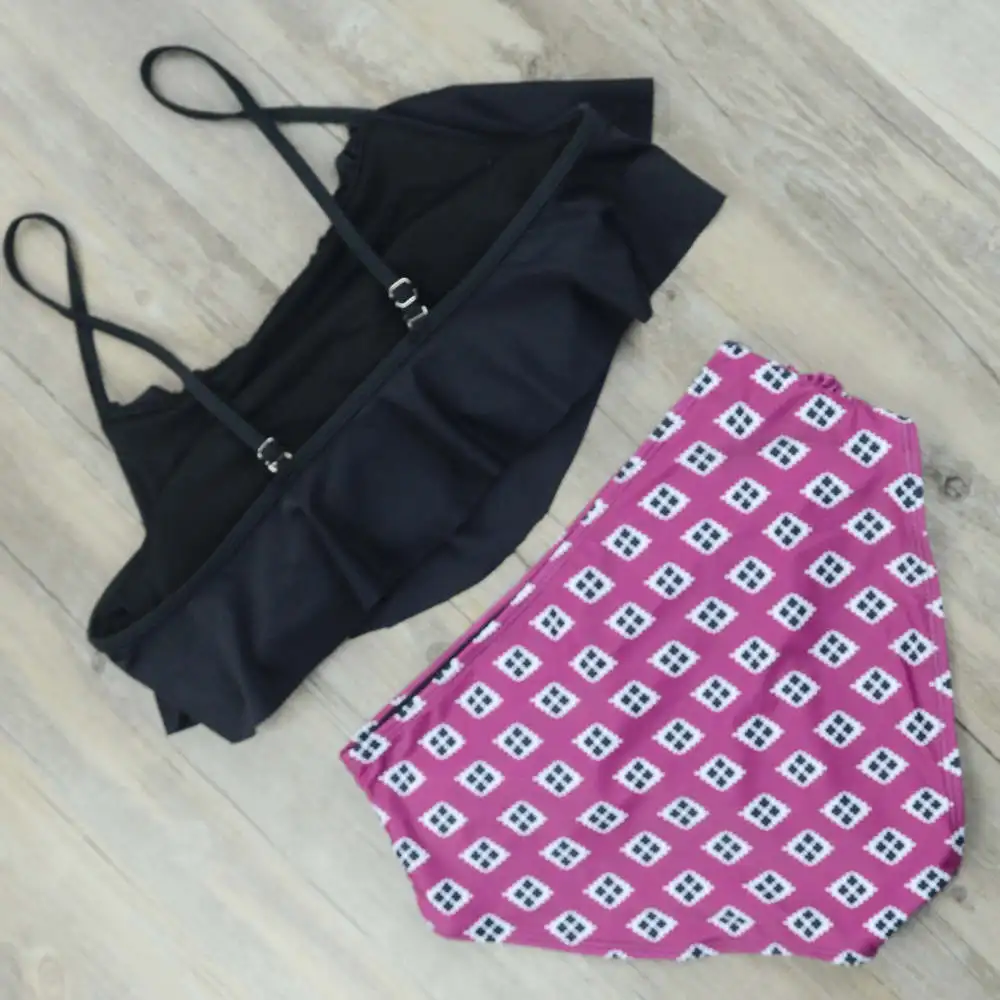 Высокая талия бикини воланами одежда для плавания женский купальник из двух частей полосатый купальный костюм укороченный топ бикини пуш-ап купальники