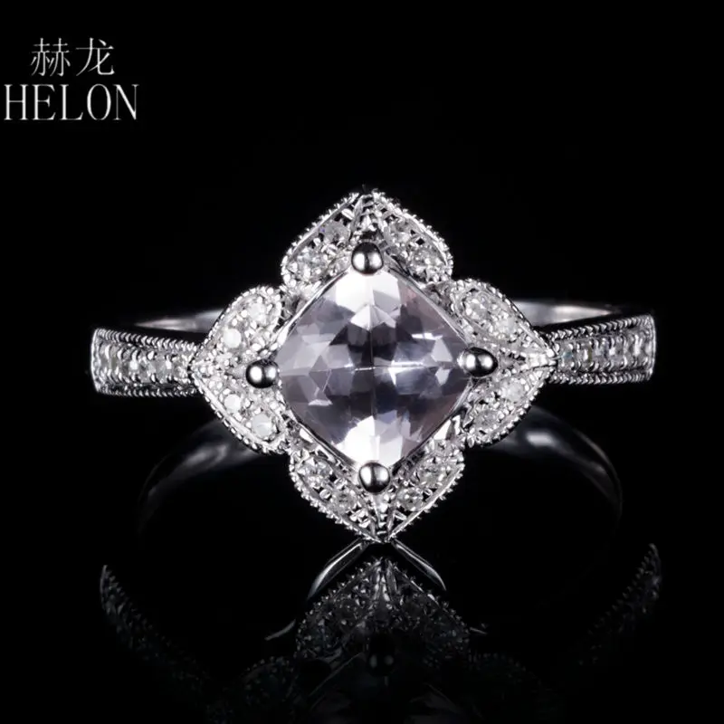 

HELON Solid 14K White Gold 6.5x6.5mm Cushion Cut 0.8ct Morganite & Pave 0.18ct Diamonds Engagement Wedding Ring Fashion Jewelry