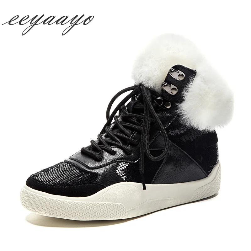 

2019 New Genuine Leather Winter Women Ankle Boots Round Toe Lace-Up Wool Lining Women Cow Leather Shoes Black Short Snow Boots