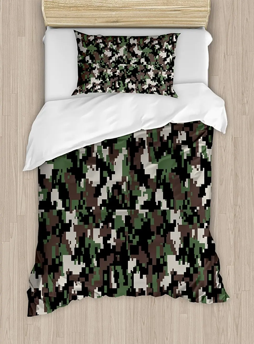 

Camo Duvet Cover Set, Pixelated Pattern Digital Effect Modern Conceptual Camouflage Texture, 4 Piece Bedding Set