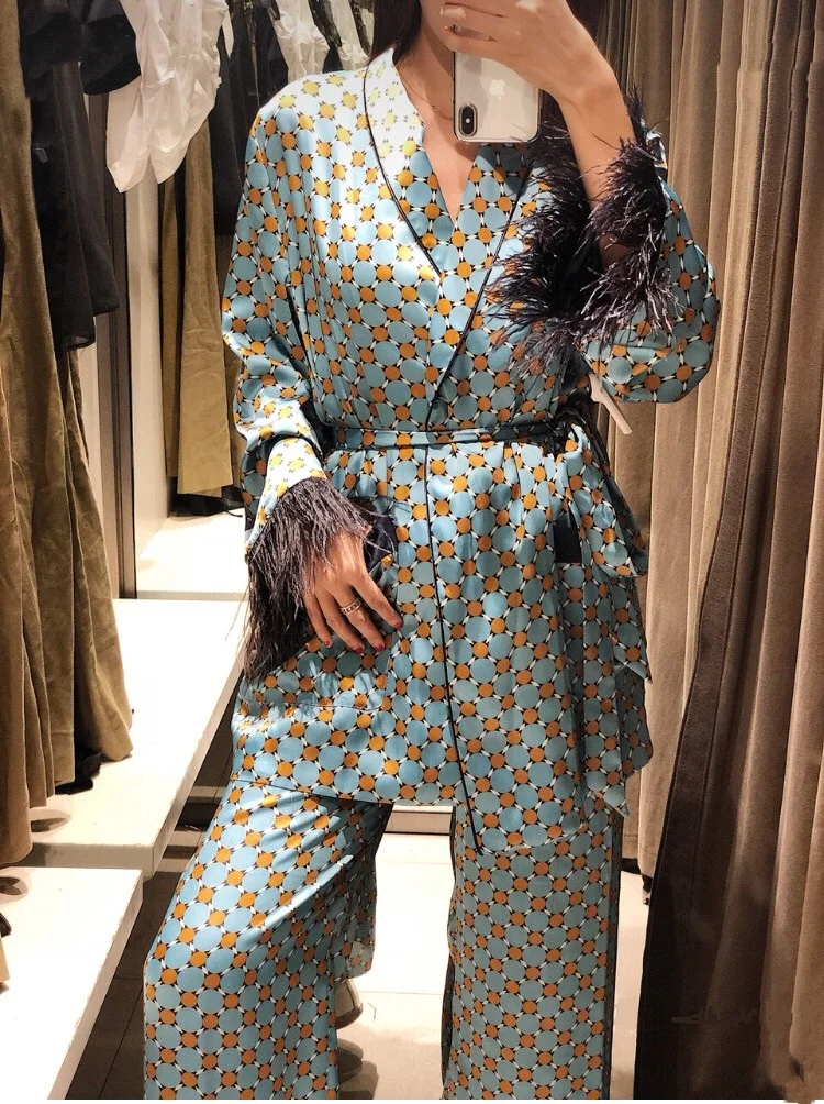 Fancy Prints Kimono Style Sashes Tiding Waist Blazer and Wide Leg Pants Women Clothing Set