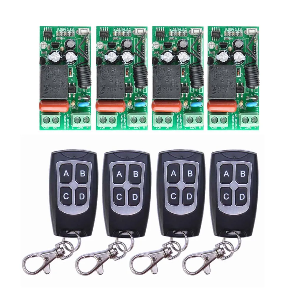 AC 220 V 1CH 10A Relay RF Wireless Remote Control Switch Wireless Light Switch ; 4PCS Receiver + 4PCS Transmitter AC 220 V 1CH 10A Relay RF Wireless Remote Control Switch Wireless Light Switch ; 4PCS Receiver + 4PCS Transmitter